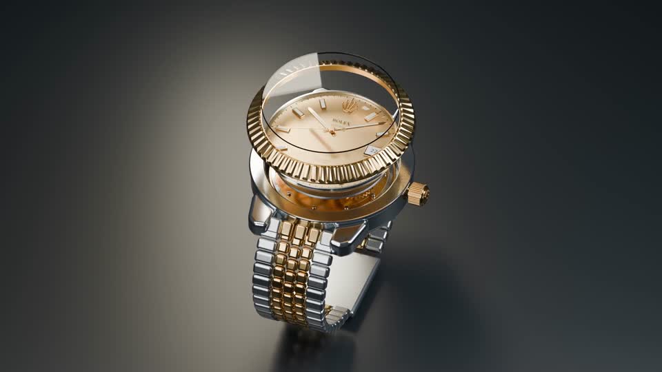 Layers of a gold and steel watch separated in a product animation